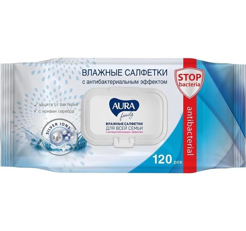 АУРА Влажные салфетки для всей семьи антибактериальные 120шт